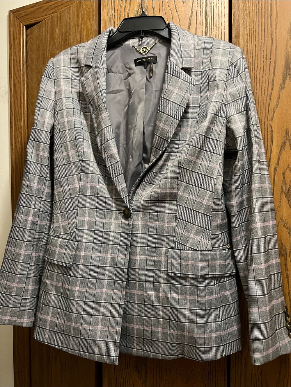 Donna Karan Gray Plaid Blazer with Pink Windowpane